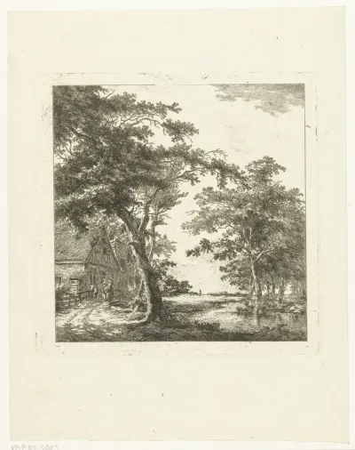 Drie figuren op een bruggetje voor een huis