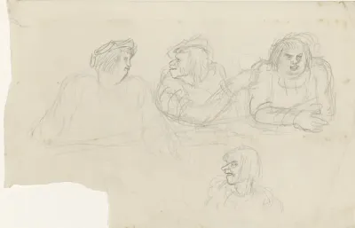Drie figuren op een rij met elkaar in gesprek