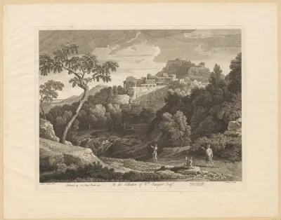 Drie figuren wijzen naar een meer in een bosachtig landschap met dorp op een heuvel