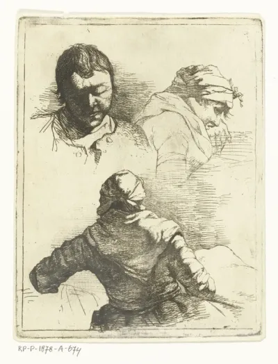 Drie figuurstudies van vrouw en man