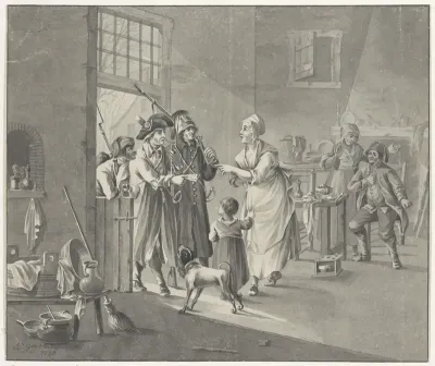 Drie Franse soldaten komen met een biljet van inkwartiering bij een Hollandse familie, 1795