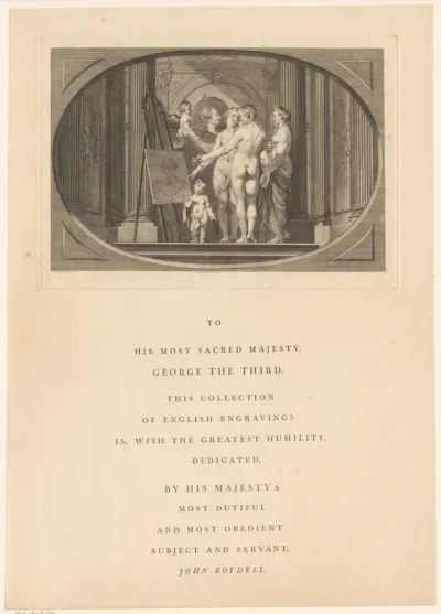 Drie gratiën staan voor het portret van George III