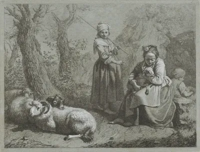 Drie herderinnen met schapen