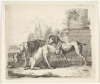 Drie honden aan de voet van een zuil