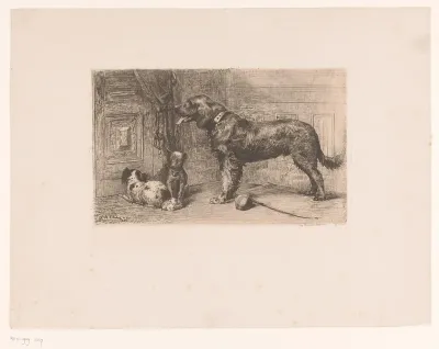 Drie honden wachten bij een deur