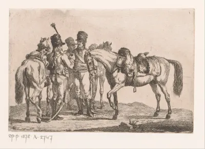 Drie huzaren bij hun paarden
