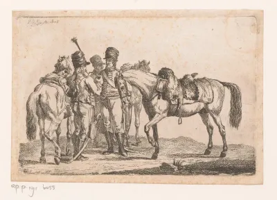 Drie huzaren bij hun paarden