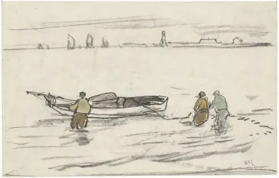 Drie in het water staande mannen halen een zeilboot naar de kant