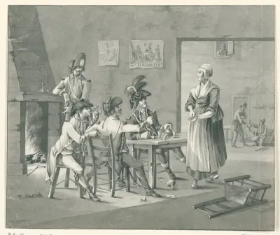 Drie ingekwartierde Franse soldaten lachen een dienstmeid uit als zij betaling vraagt voor de drank, 1795