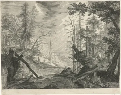 Drie jagers bij een rivier in een bos