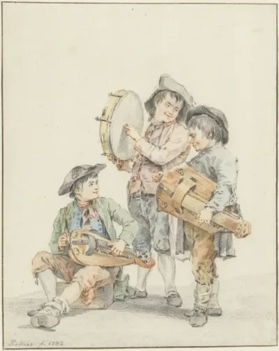 Drie jongens met muziekinstrumenten
