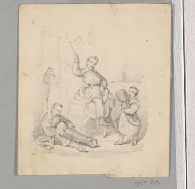 Drie jongens spelen ruiter met een zadel en laarzen