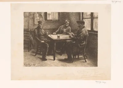 Drie kaartende mannen in een café