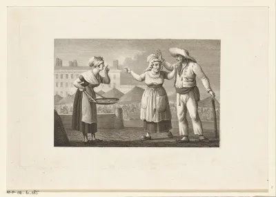 Drie kijvende marktkooplieden