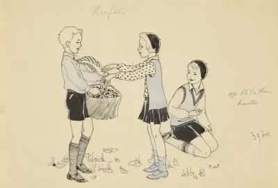 Drie kinderen die eikels rapen