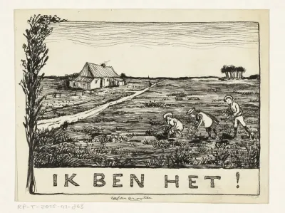 Drie kinderen in een landschap met boerderij