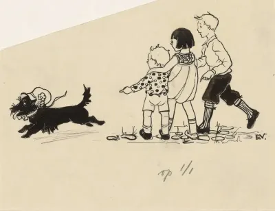 Drie kinderen kijkend naar een rennende hond