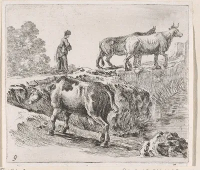 Drie koeien met herderin