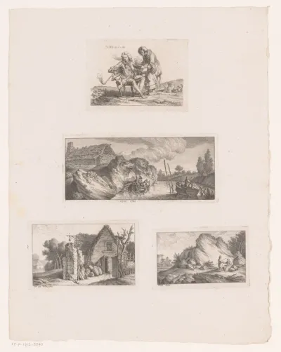 Drie landschappen en een pijprokende man
