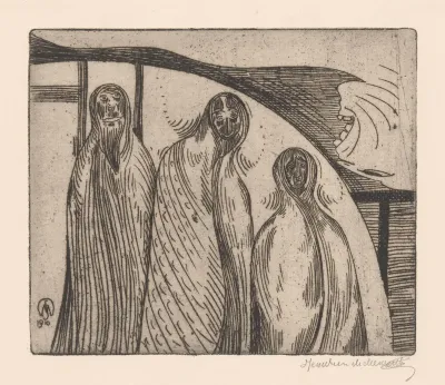 Drie langgerekte figuren in mantels