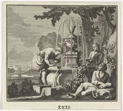 Drie mannen bij een fontein
