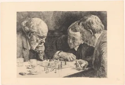 Drie mannen bij schaakspel