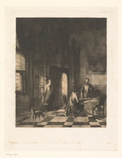 Drie mannen en een hond in de schepenzaal in het stadhuis van Oudenaarde