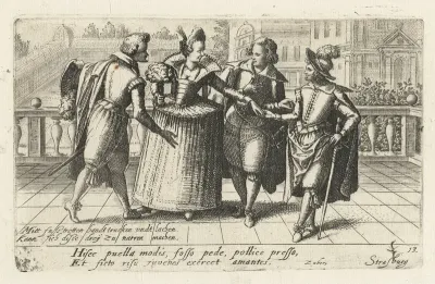 Drie mannen en een vrouw beelden een Duits spreekwoord uit