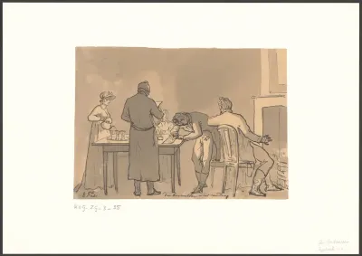 Drie mannen en twee vrouwen in een kamer