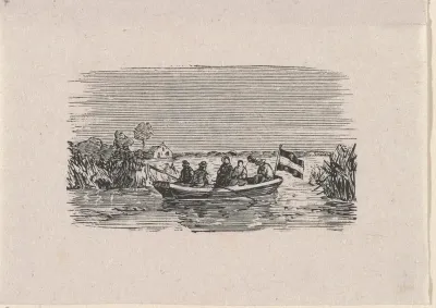 Drie mannen en twee vrouwen vissend in een boot