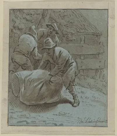 Drie mannen in een landschap bij een liggende ton en een zak