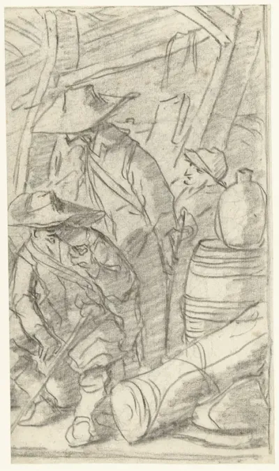 Drie mannen in een legerkamp