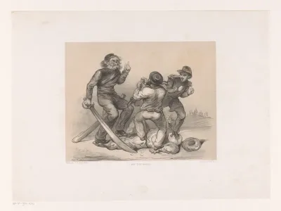 Drie mannen in gevecht vertrappen Turk