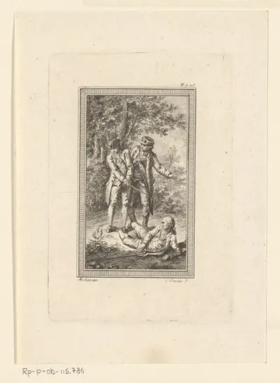 Drie mannen in het bos na een duel
