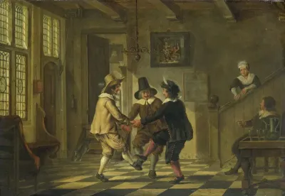 Drie mannen in zeventiende-eeuws kostuum dansend in een voorhuis