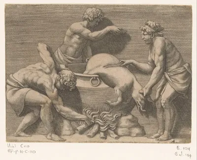 Drie mannen offeren een varken