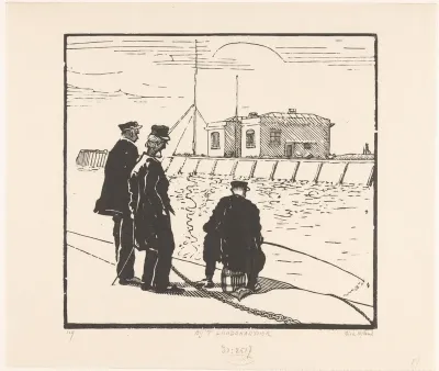 Drie mannen op een kade