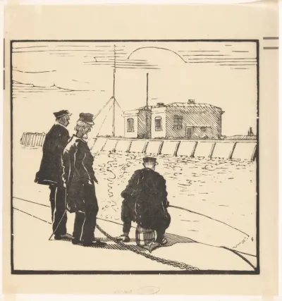 Drie mannen op een kade