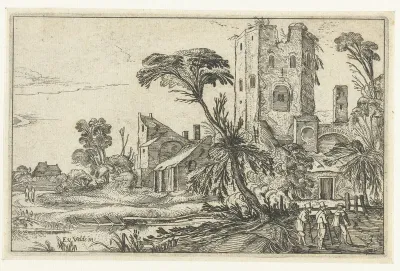 Drie mannen op een pad langs een vervallen toren