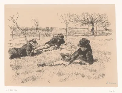 Drie mannen rusten uit in een wei