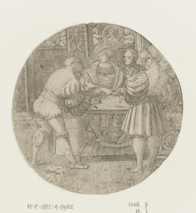 Drie mannen spelen dobbelspel