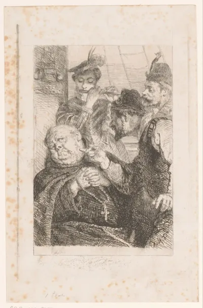 Drie mannen staan op een schip rondom een monnik met rozenkrans in zijn handen