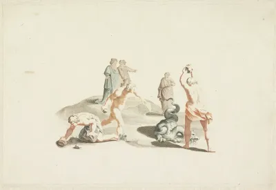 Drie mannen stenigen een draak