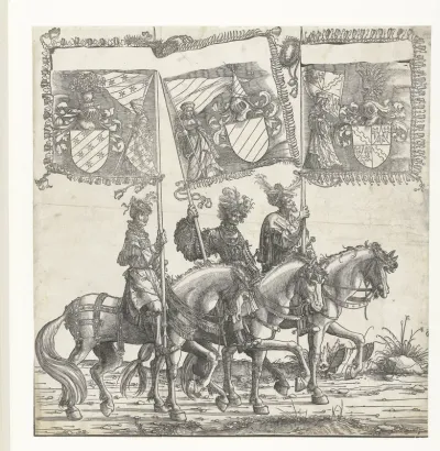 Drie mannen te paard dragen de Oostenrijkse vaandels van Ortenburg, Echingen en Achalm