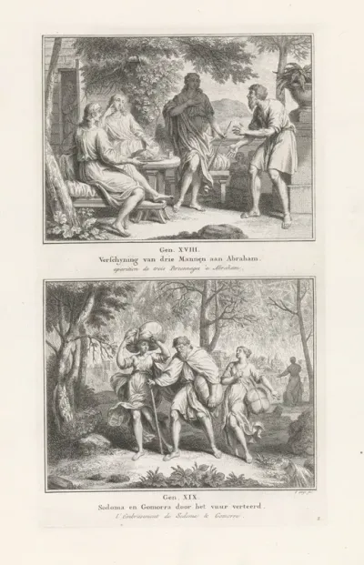 Drie mannen verschijnen aan Abraham / Lot en zijn familie vluchten uit Sodom