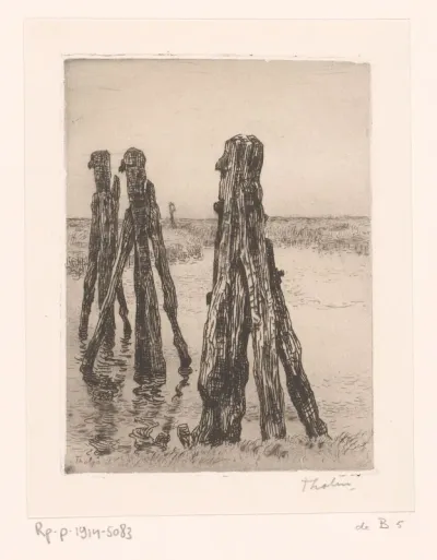 Drie meerpalen in laag water