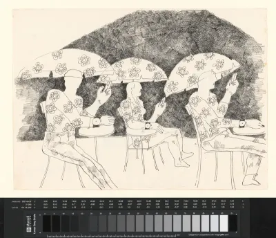 Drie mensen op een terras onder parasols