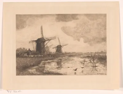 Drie molens in een waterlandschap