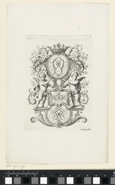 Drie monogrammen in ornamenteel kader geflankeerd door putti