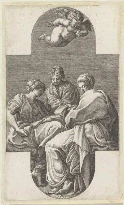 Drie Muzen en een gebarende putto